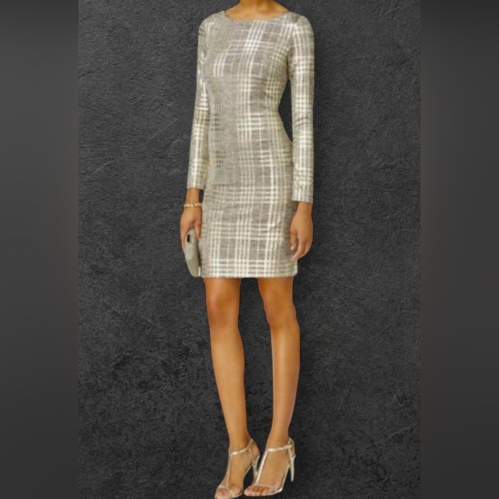 ✨ Jessica Howard Metallic Gold Plaid Dress – Size 14 ✨